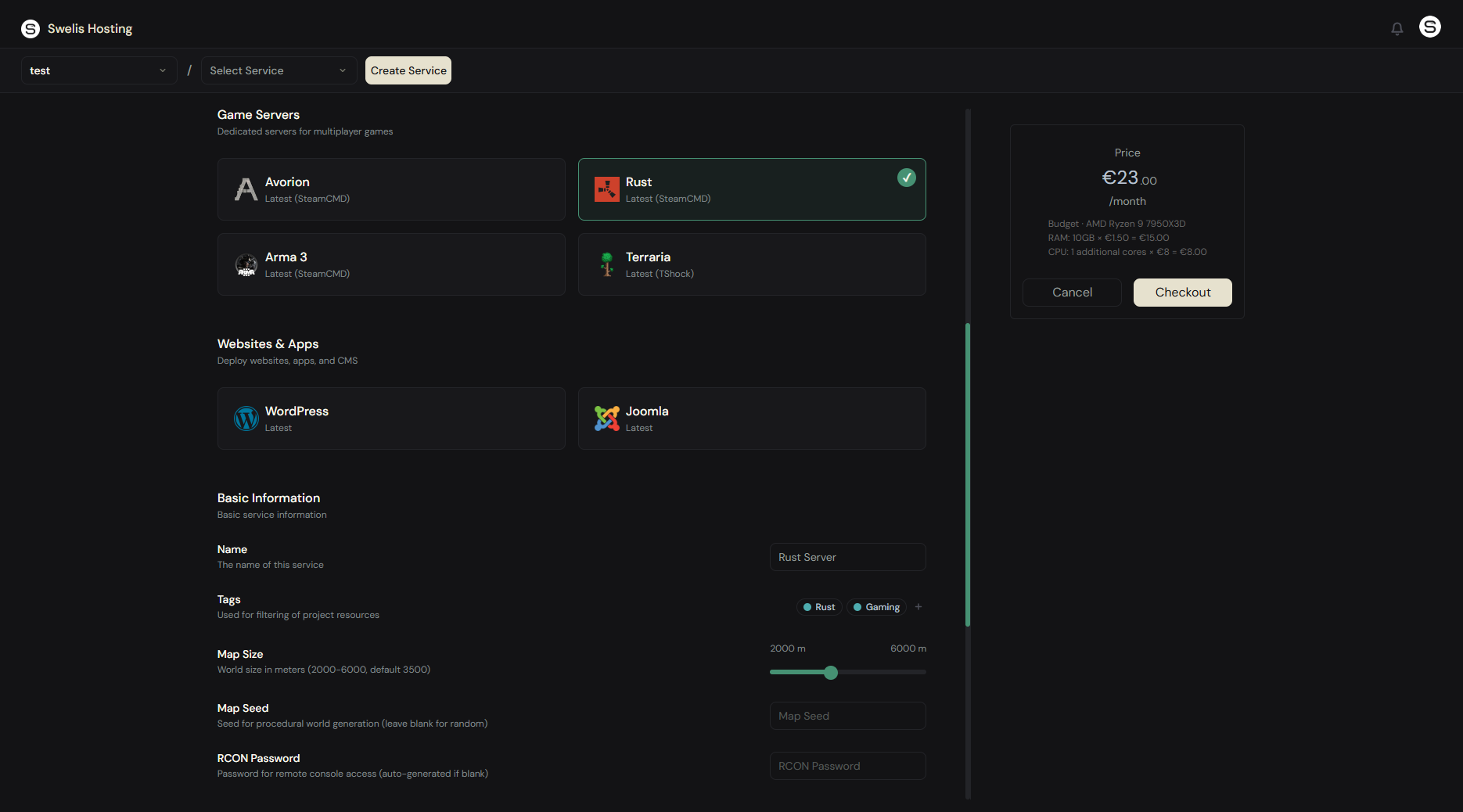 Create your Rust server from the Swelis dashboard