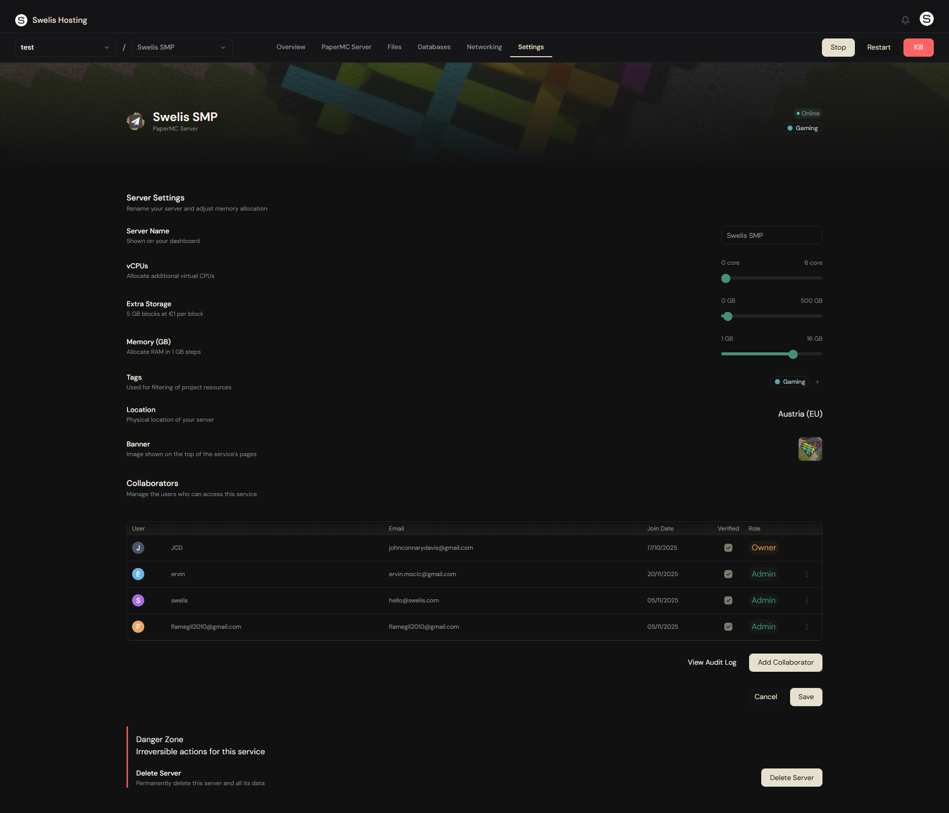 Server configuration — adjust RAM, CPU, and settings instantly