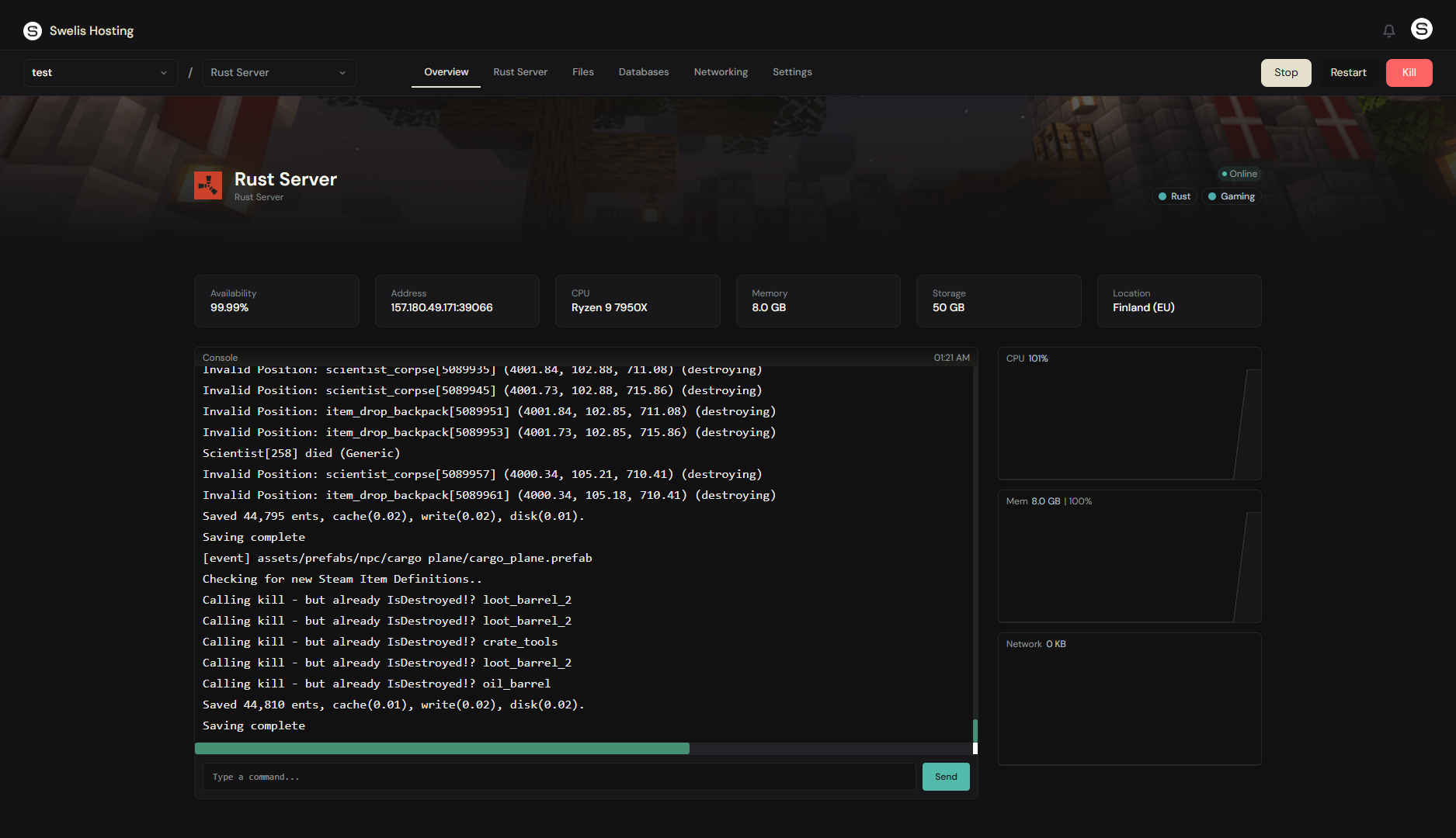 The live console lets you run commands and watch players join
